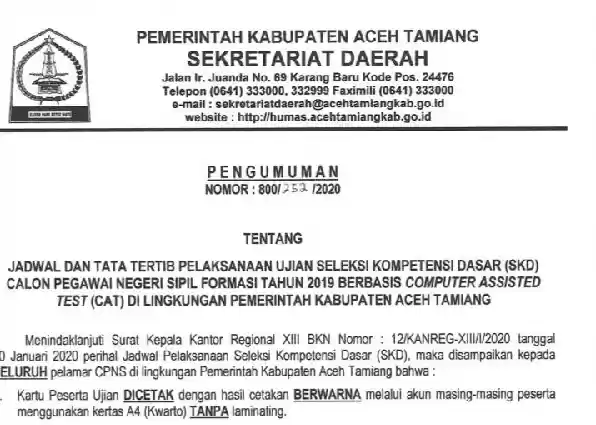 Ini Jadwal Ujian Seleksi Kompetensi Dasar CPNS Formasi 2019 Pemkab Aceh Tamiang