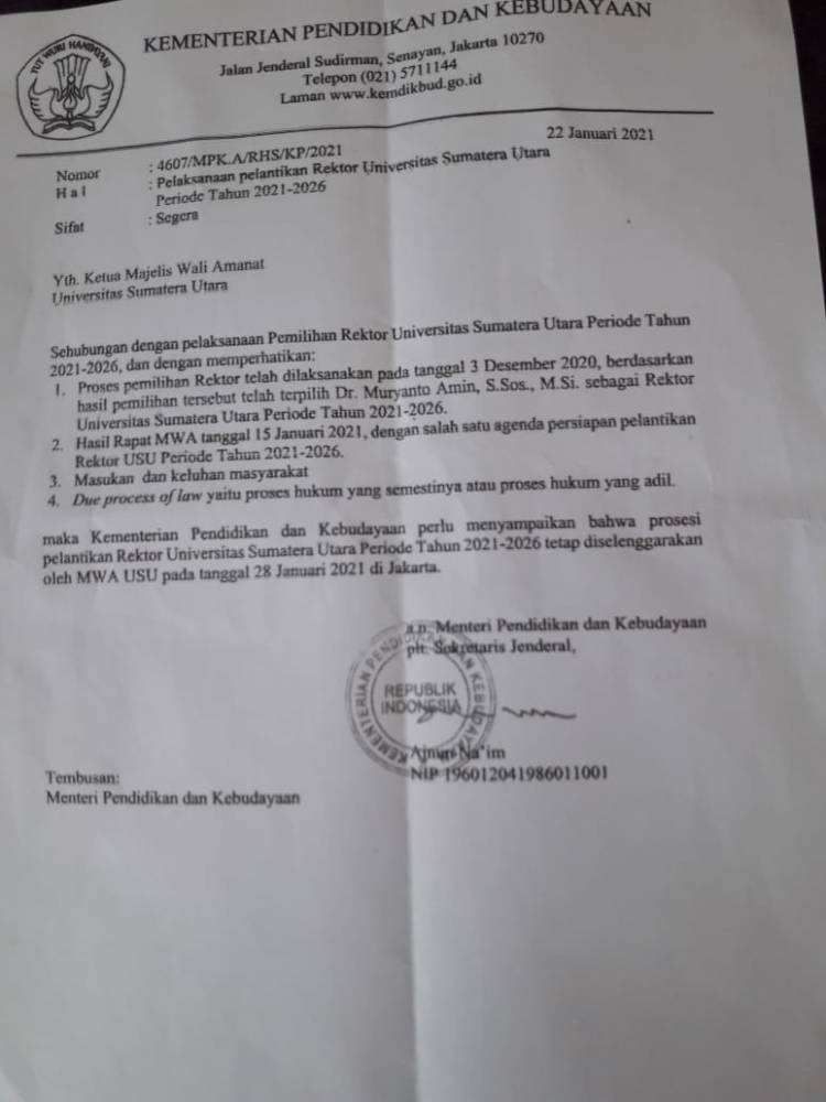 Rektor Terpilih USU  Dr Muryanto Amin , Tetap Dilantik di Jakarta  28 Januari 2021