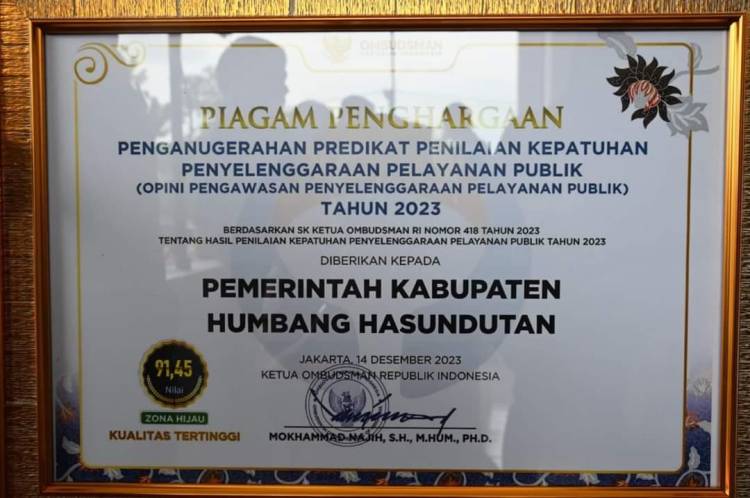 Kabupaten Humbahas Peringkat Ke-4 Se-Sumut Kepatuhan Penyelenggaraan Pelayanan Publik