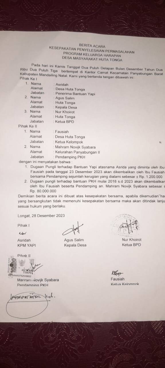Dugaan Pungli Bansos, Ketua Kelompok dan Pendamping PKH Huta Tonga Dipolisikan