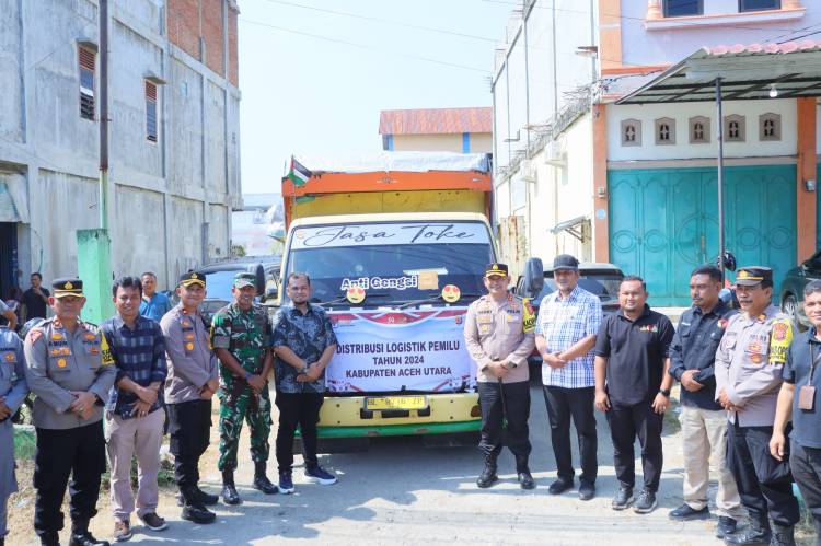 Kapolres Lhokseumawe Hadiri Pelepasan Pendistribusian Logistik Pemilu di Gudang KIP Aceh Utara