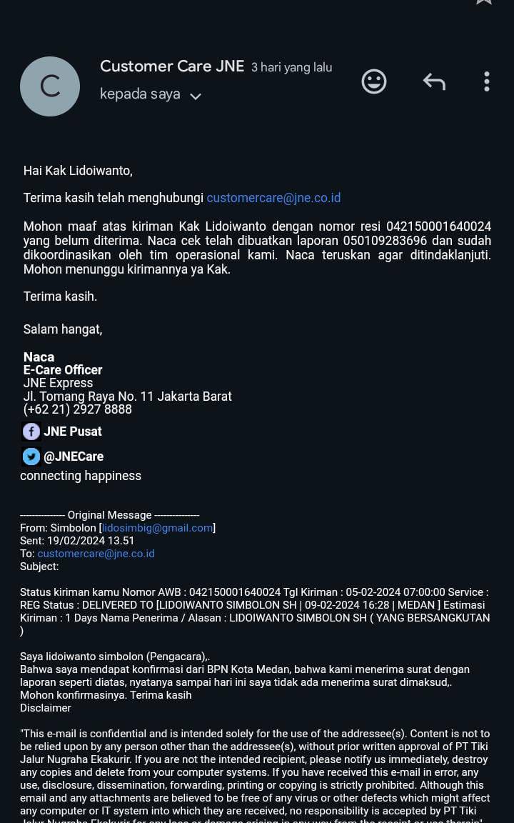 LAGI...., Layanan JNE Diduga Bermasalah, Amangoi... Kiriman Paket Telat 10 Hari