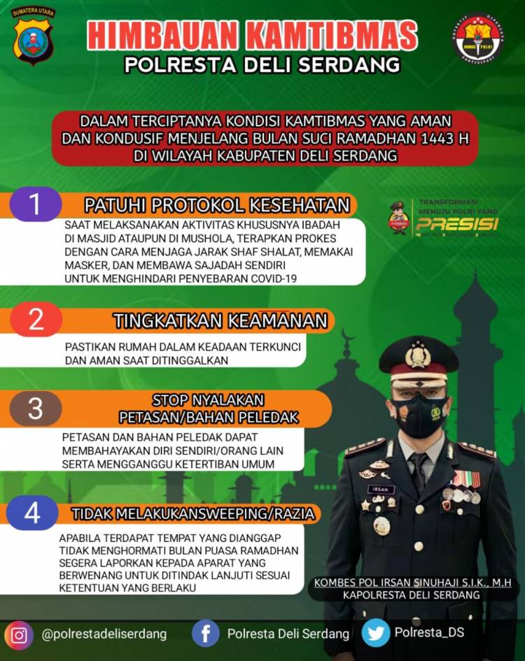 Kapolresta Deli Serdang Sampaikan Himbauan Kamtibmas Jelang Bulan Suci Ramadhan 1443 H
