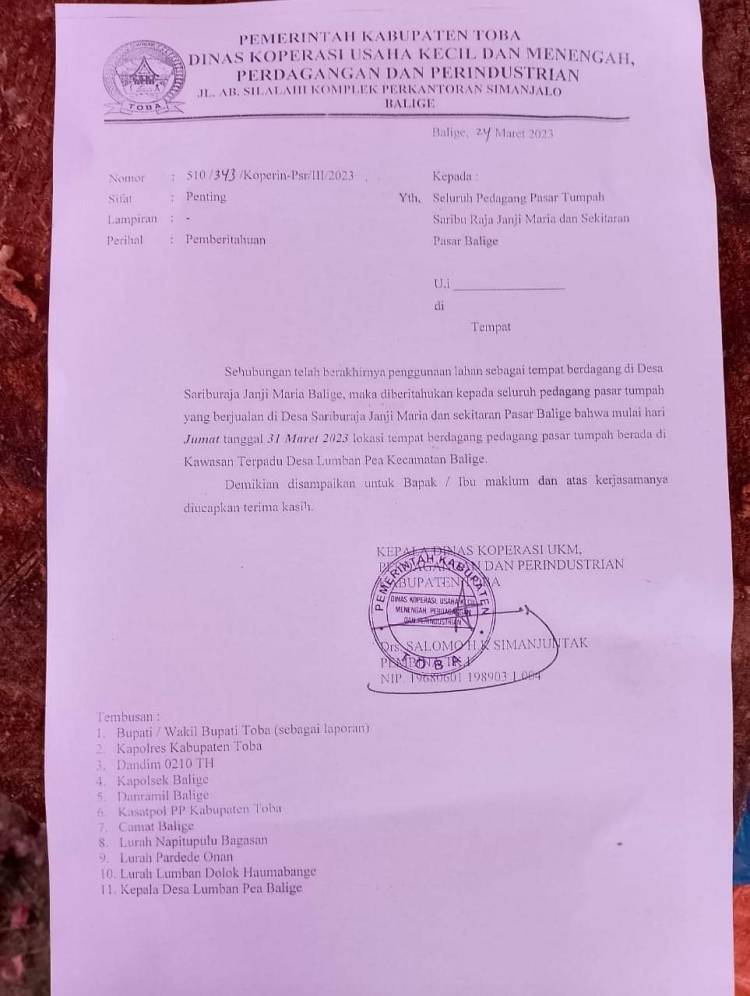 Pasar Tumpah Dipindah ke Tambunan Lumban Pea