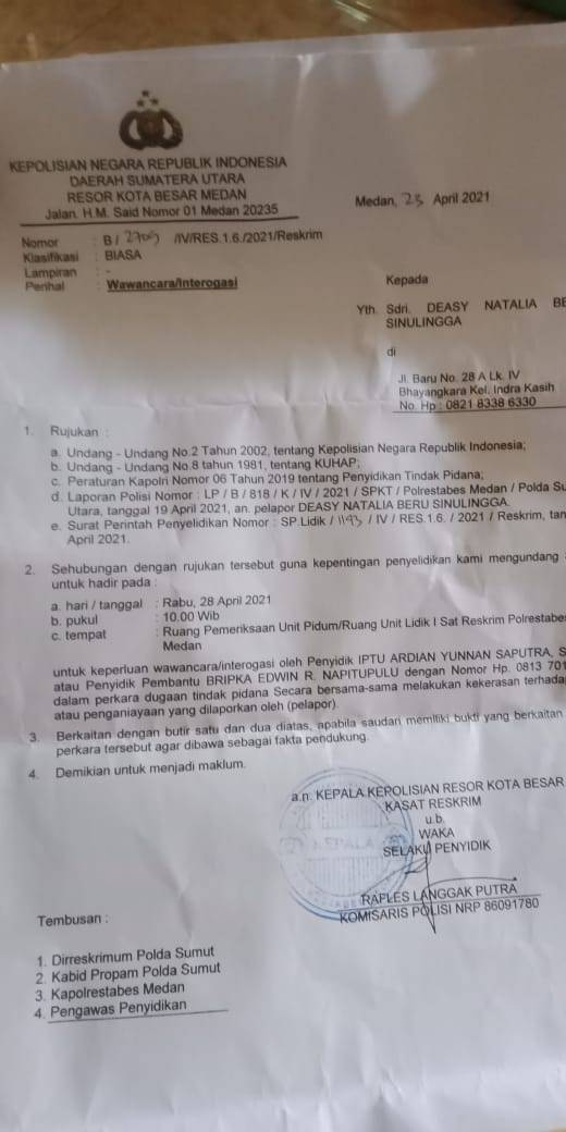Terkait Dilaporkanya Kapolsek Percut Seituan Oleh Ibu Hamil, Deasy Sinulingga Dipanggil Penyidik Polrestabes Medan