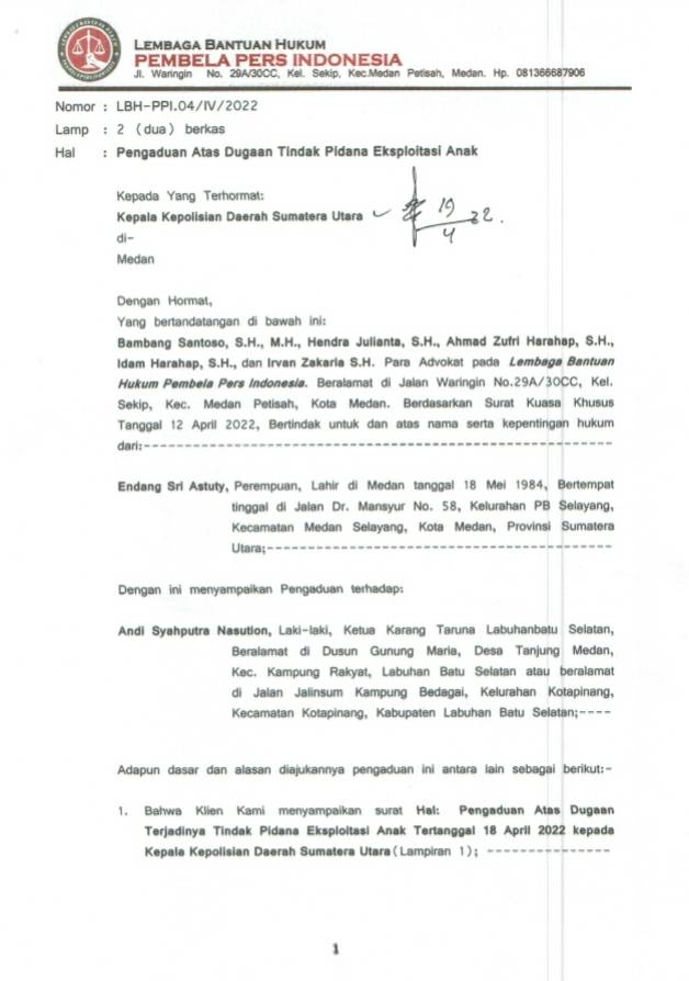 LBH Pembela Pers Indonesia Adukan Ketua Karang Taruna Labusel ke Poldasu