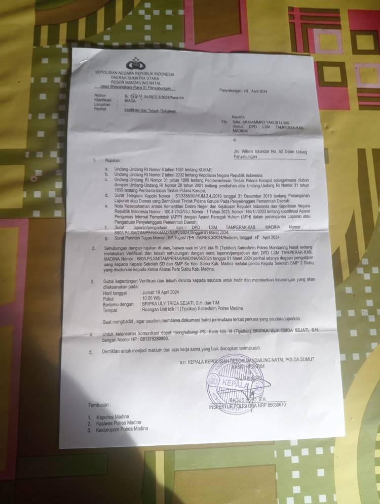 Dugaan Pungli APS Di Siabu, Pelapor Besok Dipanggil Polres Madina