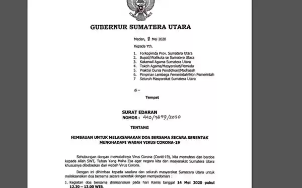 14 Mei, Gubsu Ajak Umat Beragama di Sumut Gelar Doa Bersama 