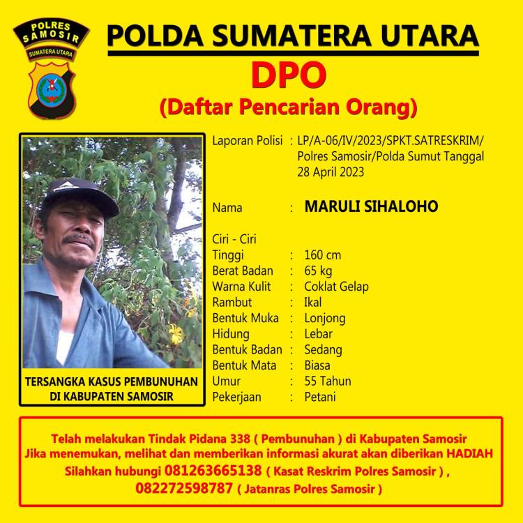 Tersangka Pembunuhan, Maruli Sihaloho DPO Polres Samosir