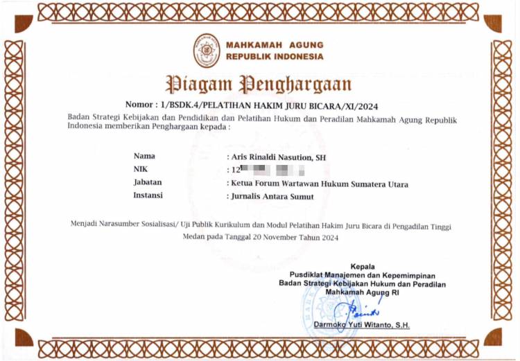 Mahkamah Agung RI Beri Piagam Penghargaan kepada Ketua Forwakum Sumut