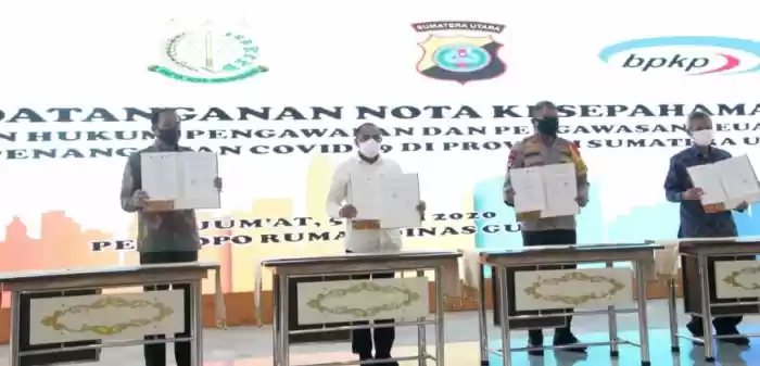 Kajati, Kapolda dan Kepala BPKP Sumut Tandatangani MoU dengan Gubsu Atasi Pandemi Covid-19