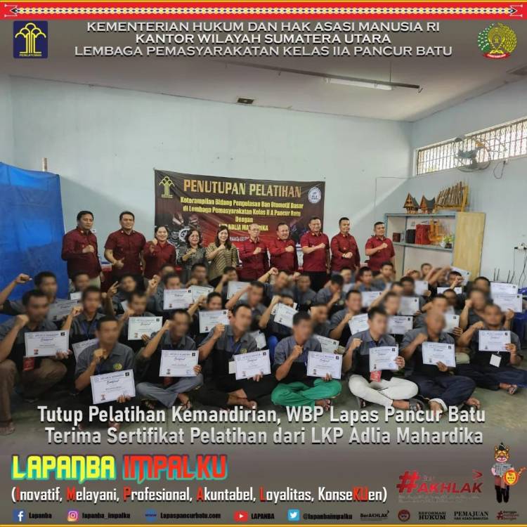 WBP Lapas Pancur Batu Terima Sertifikat Pelatihan dari LKP Adlia Mahardika