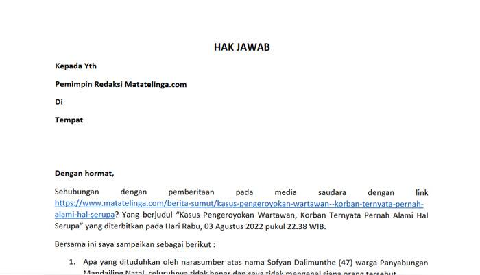 Ini Hak Jawab Jeffry Barata Lubis Terkait Pemberitaan