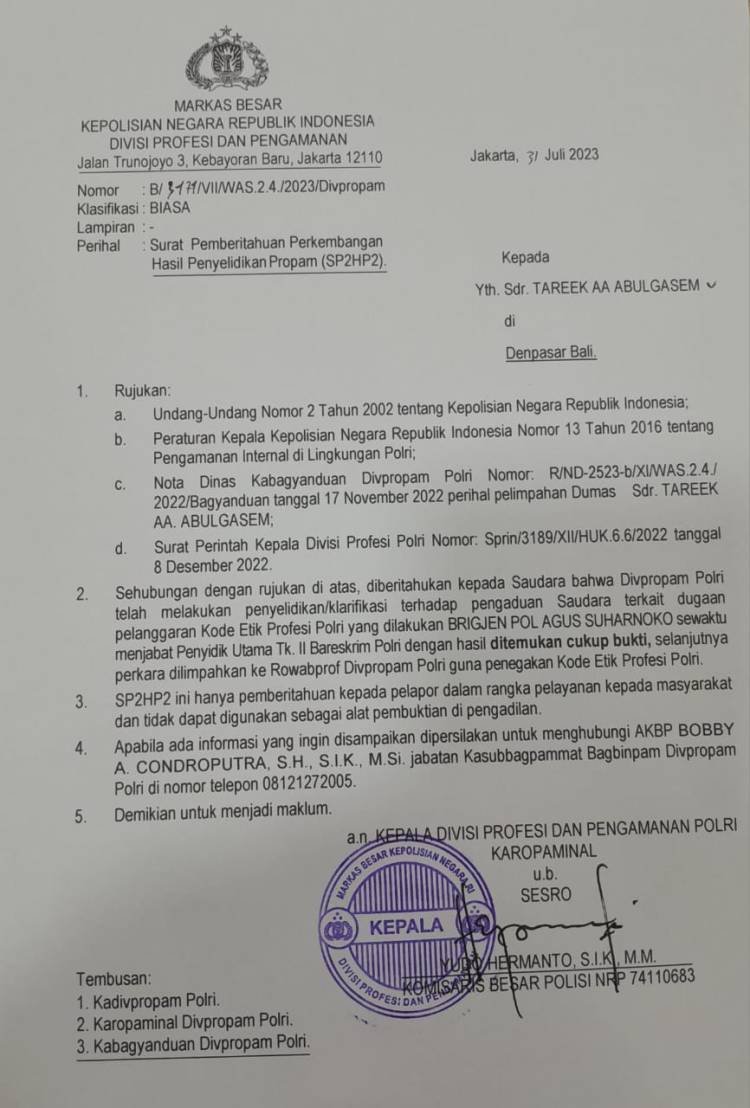 Kuasa Hukum Tarek AA Abdulgasem Minta Kapolri Laksanakan Sidang Etik Terhadap Brigjen Agus Suharnoko