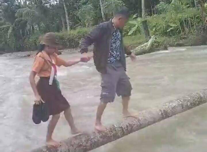 78 Tahun Indonesia Merdeka, Siswa SD di Nisel  Seberangi Sungai Lewati Batang Kelapa ke Sekolah