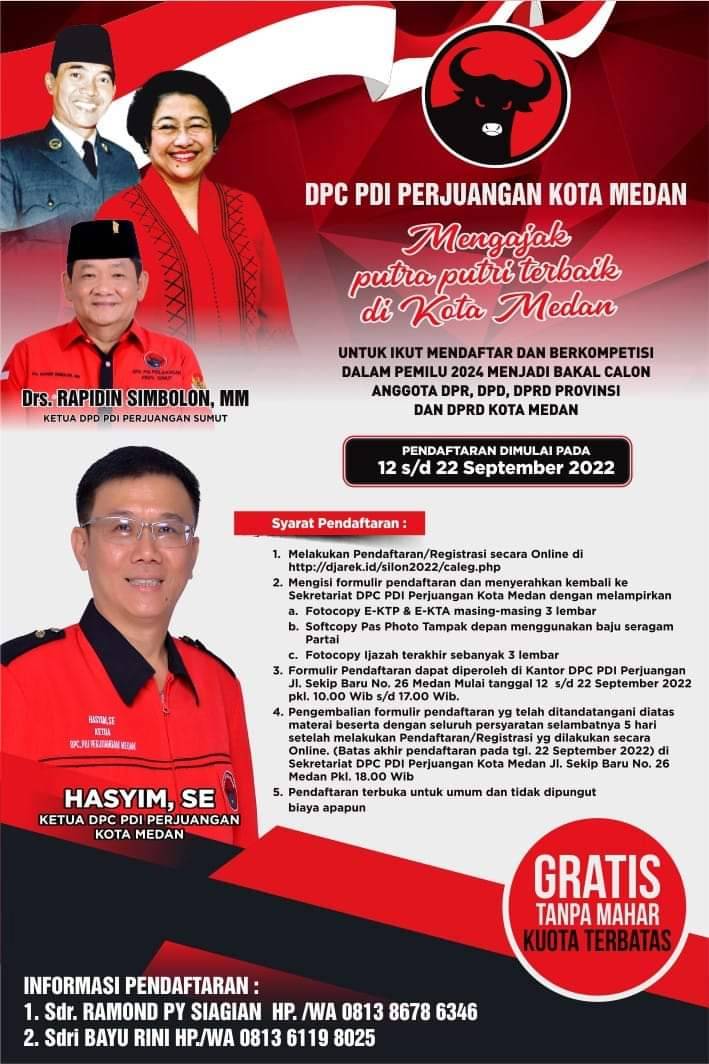 Tatap Kemenangan Pemilu 2024, DPC PDI Perjuangan Medan Resmi Buka Pendaftaran Caleg
