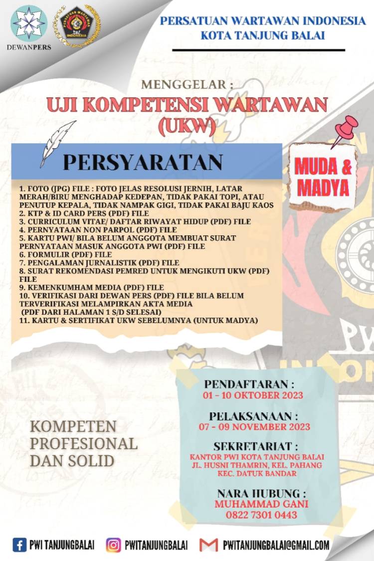 Awal Nopember, PWI Tanjung Balai Akan Gelar UKW Formasi Muda dan Madya