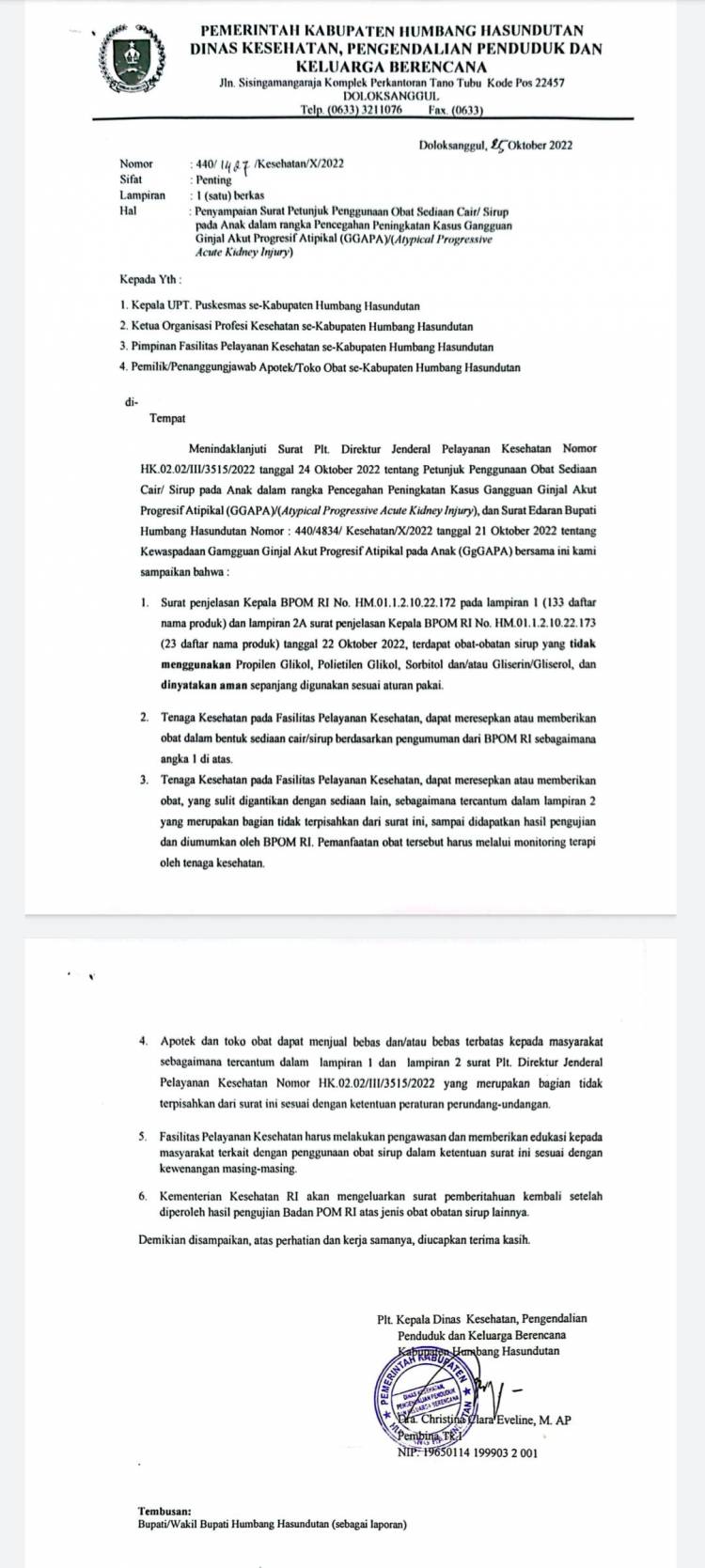 Plt Kadis Kesehatan P2KB Humbahas Keluarkan Surat Perihal Penggunaan Obat Sirup Pada Anak