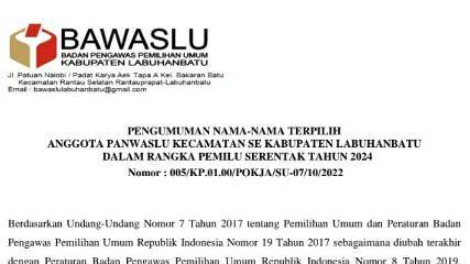 Bawaslu Labuhanbatu Umumkan Nama-nama Terpilih Anggota Panwaslu Sembilan Kecamatan
