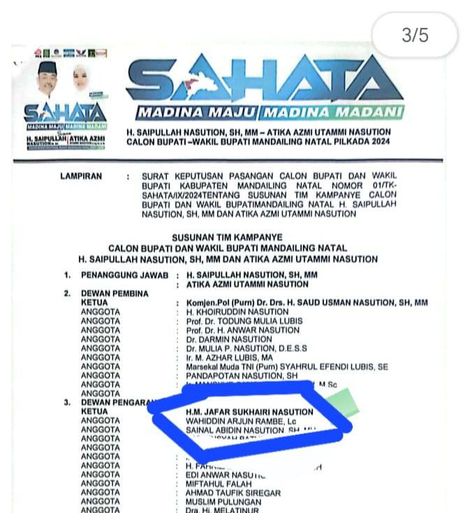 Bupati Madina Harus Mundur Dari Tim Kampanye"SAHATA",Diduga Tidak Netralitas