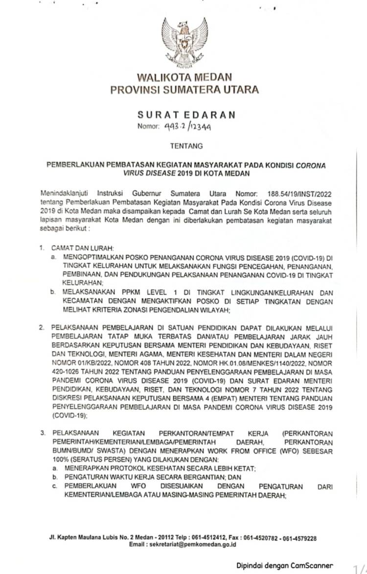 Walikota Medan Kembali Keluarkan Surat Edaran PPKM