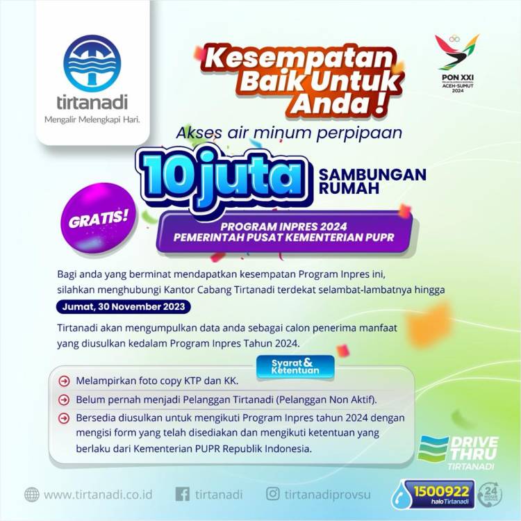 Perumda Tirtanadi Mendukung Pelaksanaan Pogram Inpres 2024 10 Juta Sambungan Rumah Gratis