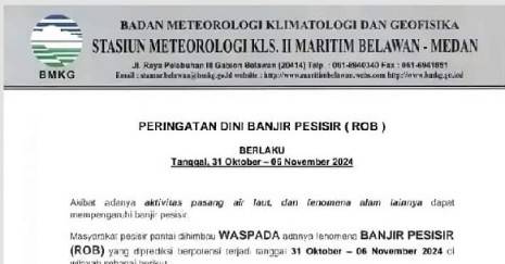 Waspada, Banjir Rob Di Pesisir Timur Sumatera Utara Sepekan Kedepan