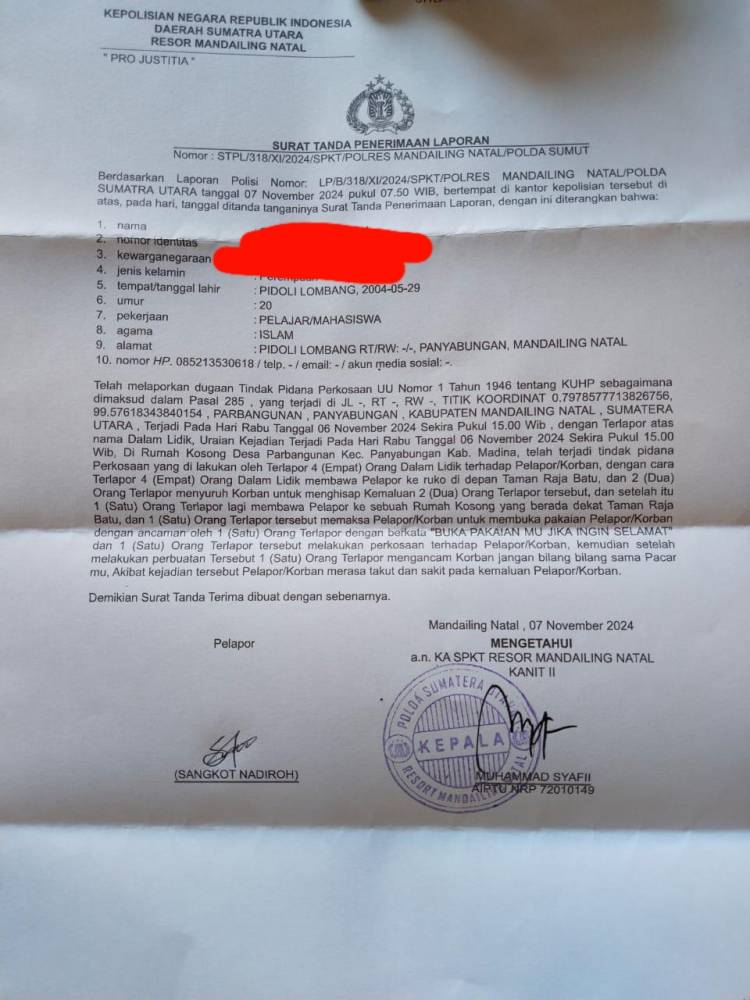 4 Pria Memperkosa, 1 Diduga Oknum Pol PP Madina Ditahan