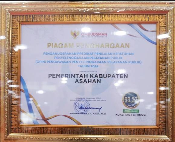 Ombudsman RI Berikan Penghargaan Ke Pemkab Asahan