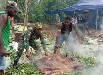 Satgas Yonif MR 413 Kostrad Bersama Warga Kampung Mosso Gelar Bakar Batu