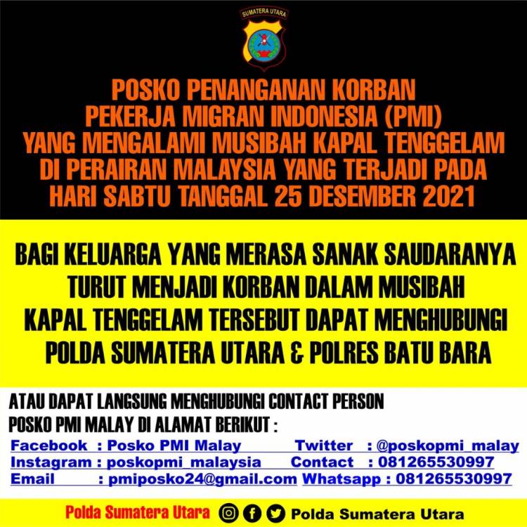 Penting, Ini Nomor Hotline Pengaduan Korban Kapal Tenggelam di Malaysia oleh Polda Sumut