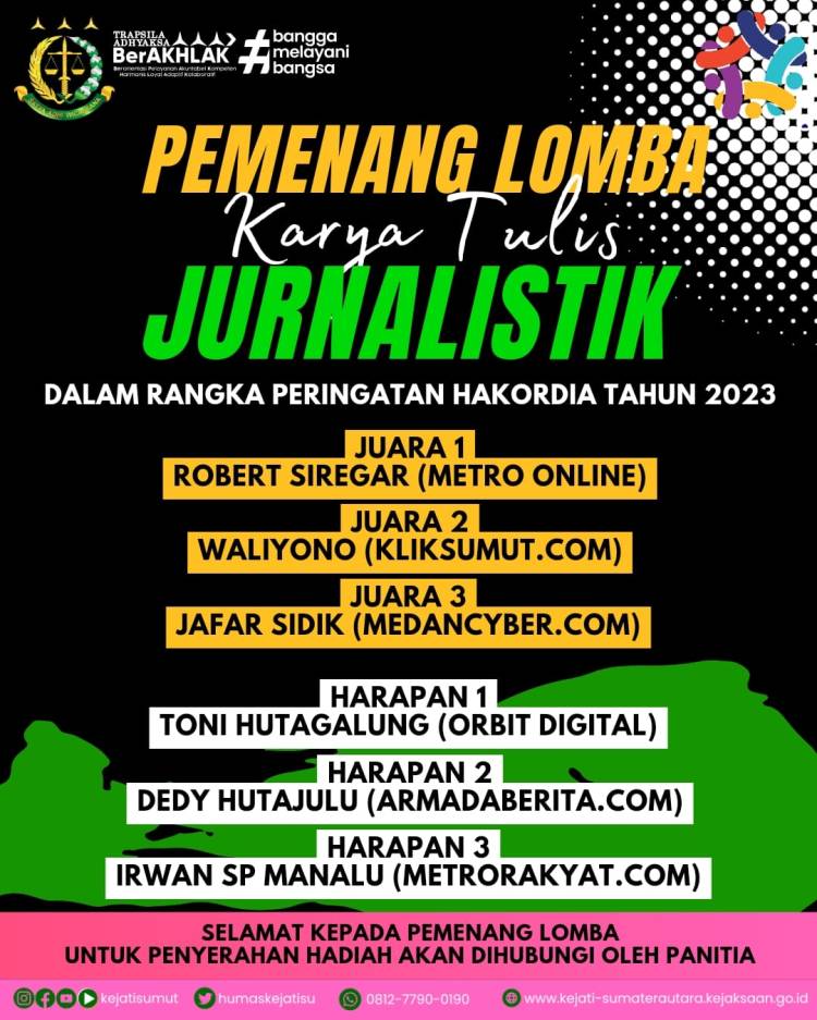 Penasehat Forwakum Sumut Kembali Juara Lomba Karya Tulis Jurnalistik Hakordia Kejatisu 2023