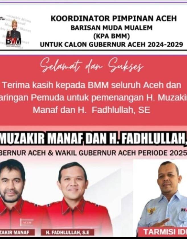 BMM Sampaikan Selamat Mualem-Dek Fad Terpilih Sebagai Gubernur - Wakil Gubernur Aceh