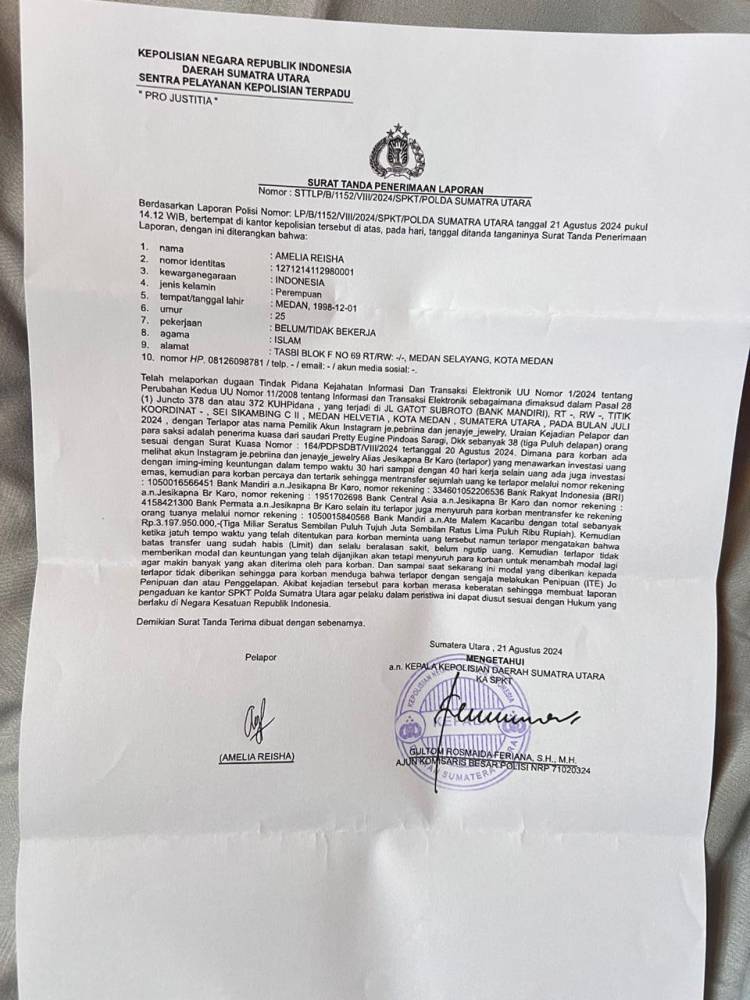 Jesikapna Febrina Br. Karo Dilaporkan ke Polda Sumut Terkait Kasus Investasi Bodong