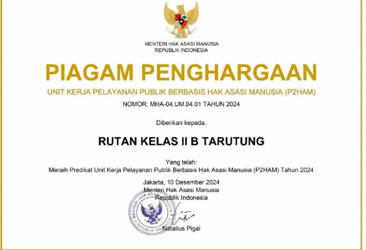 Rutan Kelas IIB Tarutung Raih Penghargaan Predikat Pelayanan Publik Berbasis HAM (P2HAM) Tahun 2024