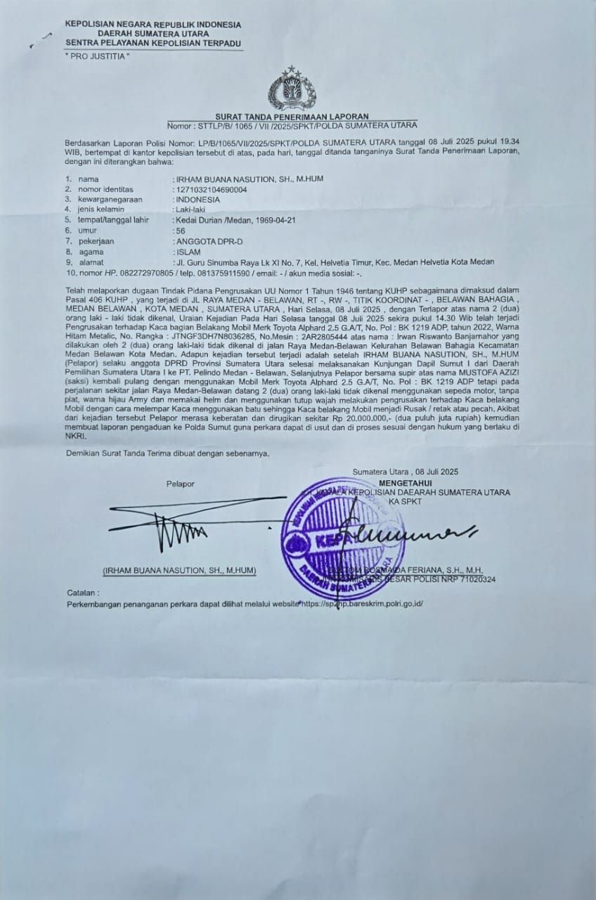 Teror OTK : Kunker ke Belawan, Mobil Anggota DPRDSU Pecah Dilempari Batu