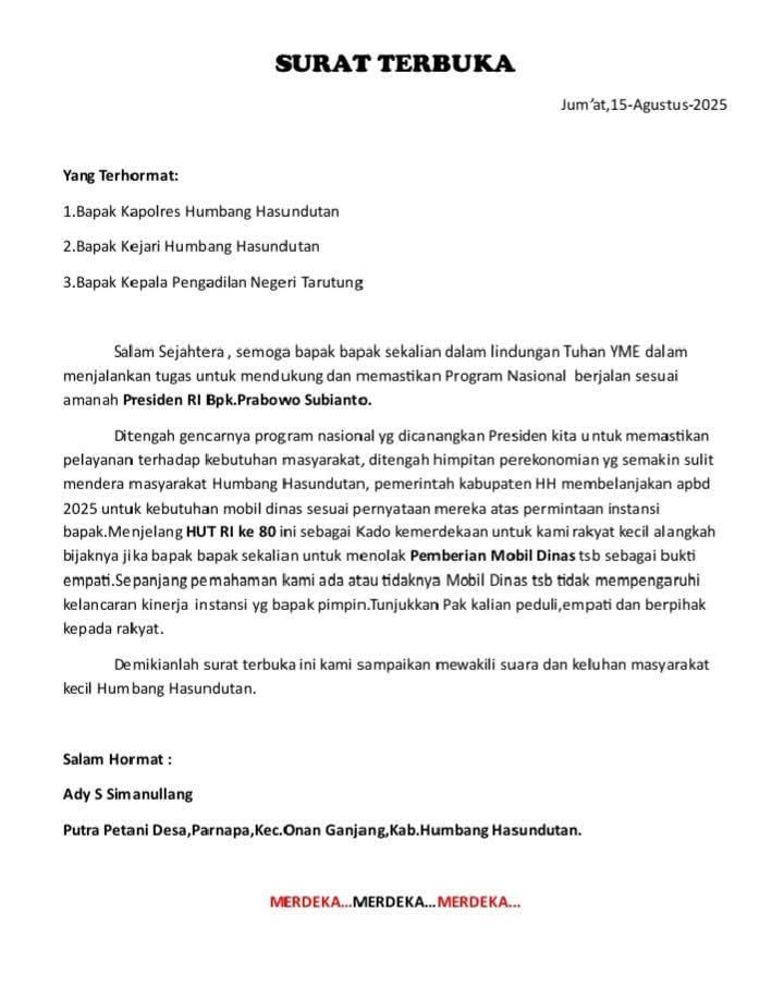 Di Hari HUT RI ke 80, Kapolres, Kejari, Ketua PN Tarutung Dapat Surat Agar Empati Tolak Mobdis