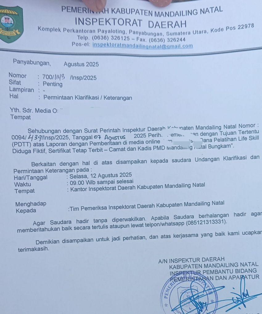 Inspektorat Mandailing Natal Panggil Wartawan Soal Dugaan Penyalahgunaan Dana Desa Life Skill