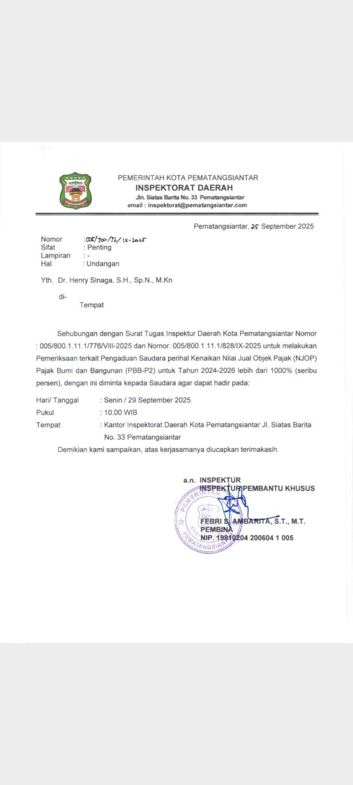 Dr. Henry Sinaga, Diundang Inspektorat Daerah Kota Pematangsiantar, Ada Apa..?