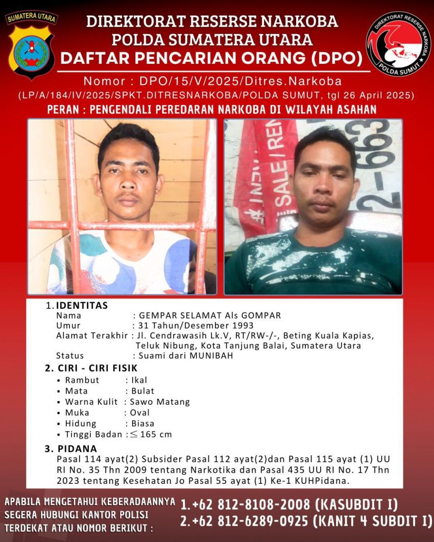 Polda Sumut Tetapkan Gempar Selamat Alias Gompar sebagai Tersangka Narkotika, Kini Buron dan Masuk DPO