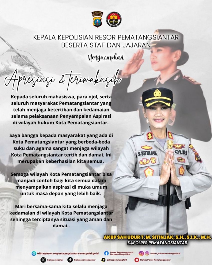 Penyampaian Aspirasi Tertib dan Damai, Kapolres Pematangsiantar Ucapkan Apresiasi