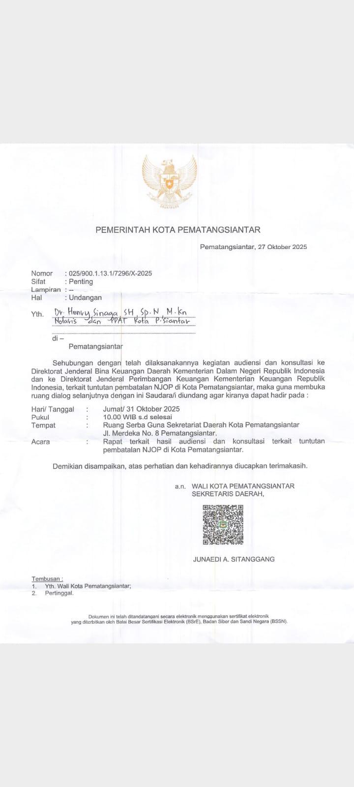 Pemko Pematangsiantar Undang Notaris Dr Henry Sinaga Bahas Terkait Tuntutan Pembatalan Kenaikan NJOP 1.000 Persen