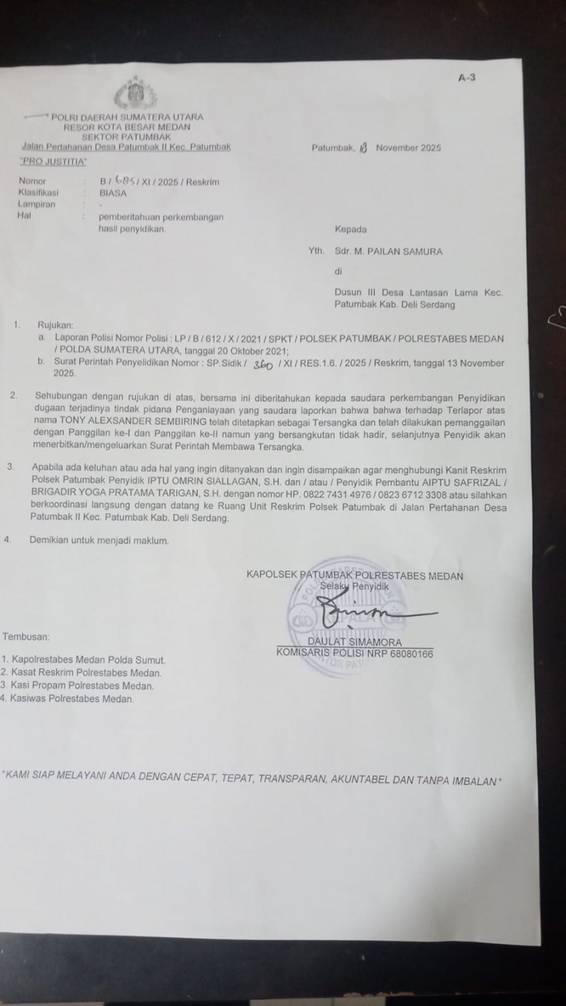 LP Atas Korban M.P Samura Ngendap 4 Tahun di Polsek Patunbak