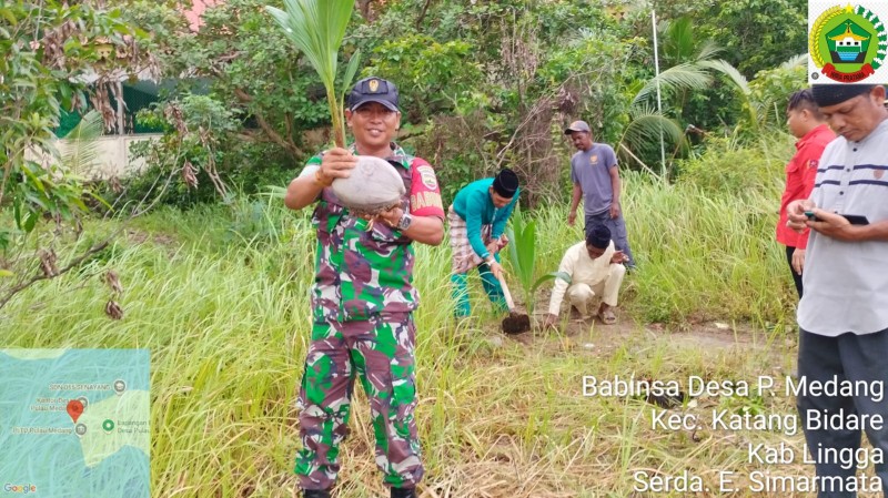 Babinsa Bersama Aparat Desa Desa Pulau Medang, Tanam Pohon Kelapa Dukung Antisipasi Longsor