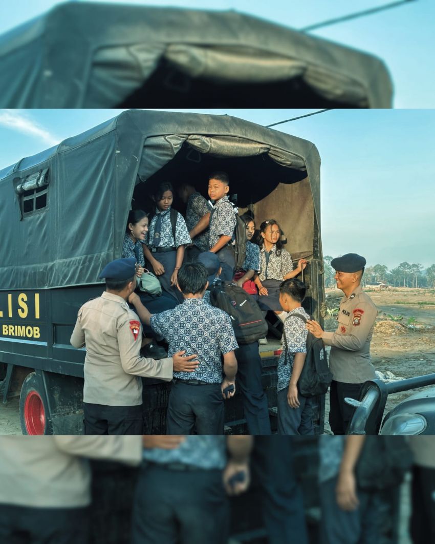 Meingkan Beban Masyarakat, Brimob Polda Sumut Antar Anak Sekolah Terdampak Banjir Bandang di Batang Toru