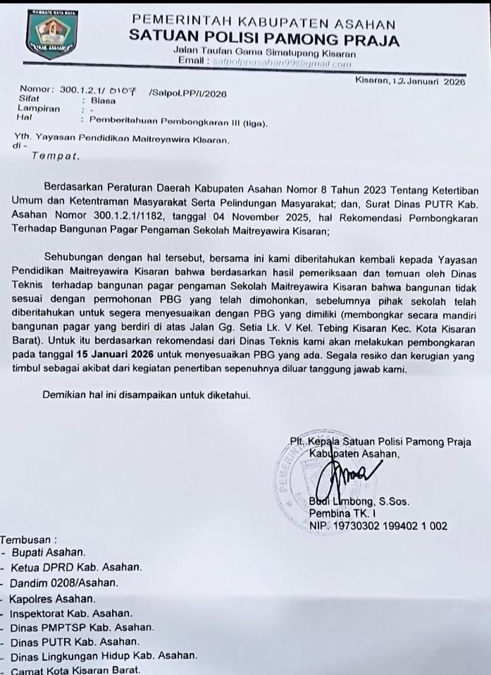 Sat.Pol Pamong Praja Asahan Kirimi Surat Pemberitahuan Pembongkaran Ke III