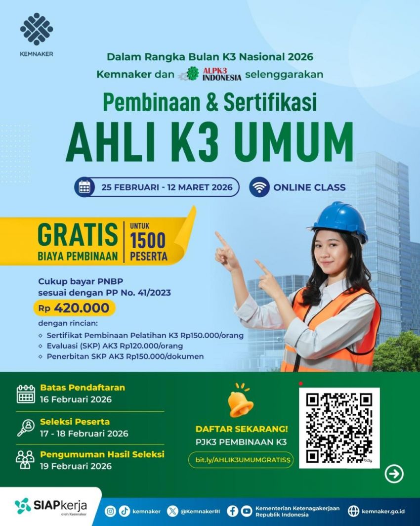 Gebrakan Baru! Kemnaker Buka Pelatihan Ahli K3 Umum Gratis