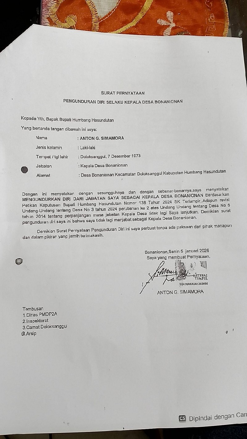 Per 5 Januari 2026 Kades Bonanionan Mundur, Bupati Humbahas Belum Teken SK Pemberhentian