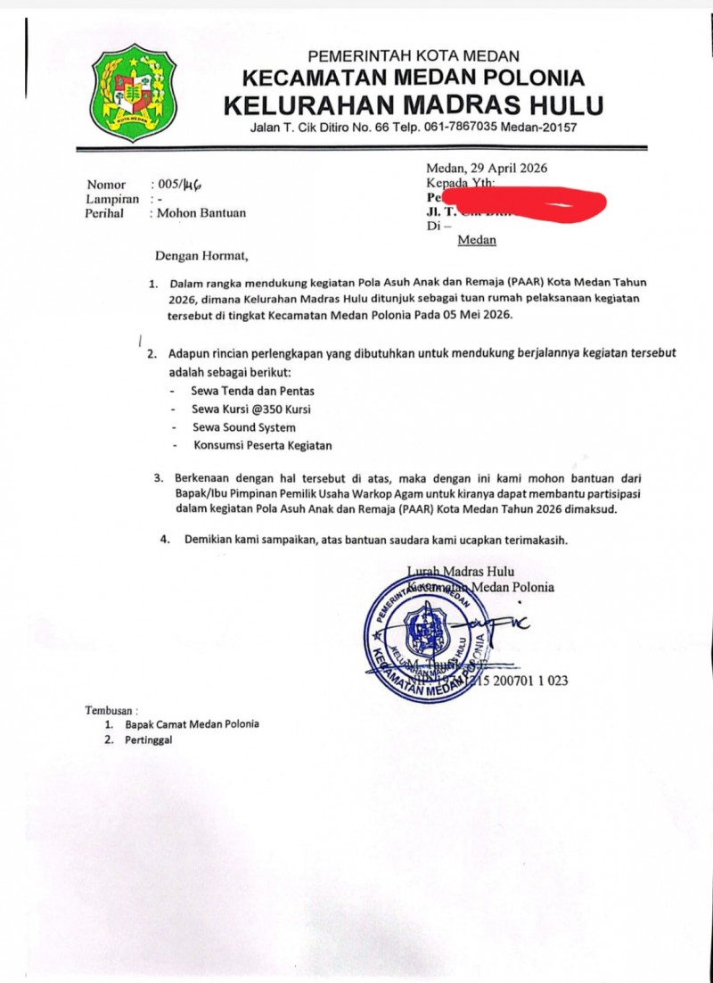Beredar, Lurah Madras Hulu Sebar Proposal Mohon Dibantu PAAR