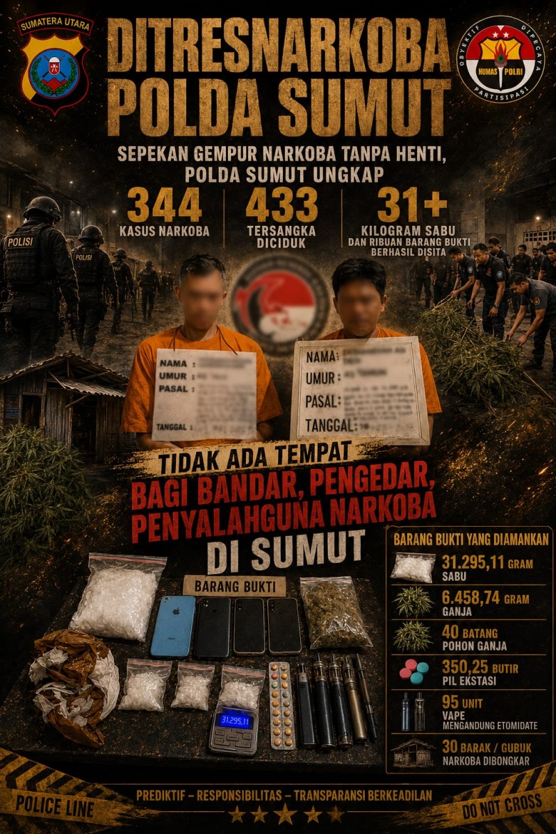 Sepekan Gempur Narkoba Tanpa Henti, Polda Sumut Ungkap 344 Kasus Narkoba, 433 Tersangka Diciduk